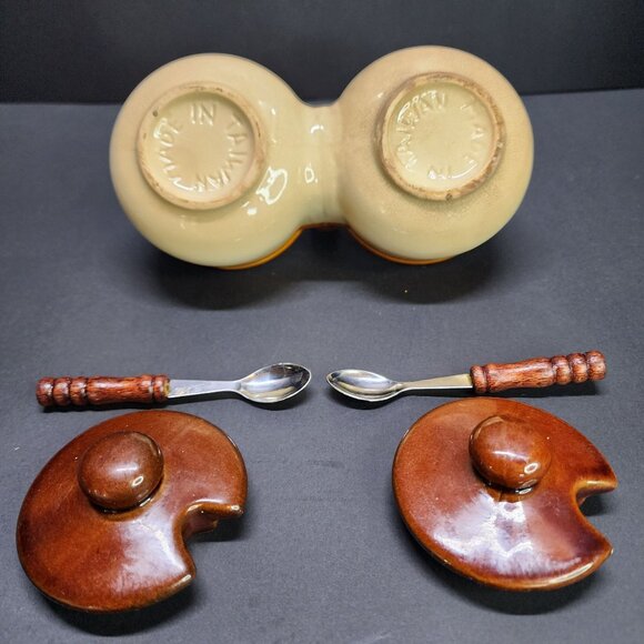 Vintage Stoneware Double Condiment Crock Set with Spoons and Lids - Picture 7 of 10
